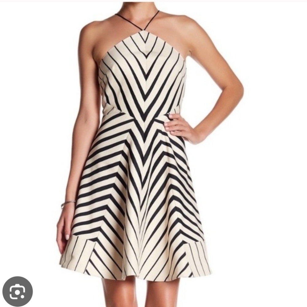 NWT HALSTON HERITAGE Beige Black Geometric Halter Midi Dress Size 12 - Picture 1 of 9
